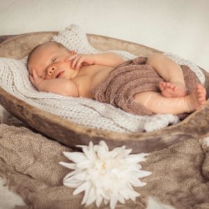 babyfoto neugeborenes in holzschale bei neugeborenenshooting daheim in bamberg von mobiler fotografin